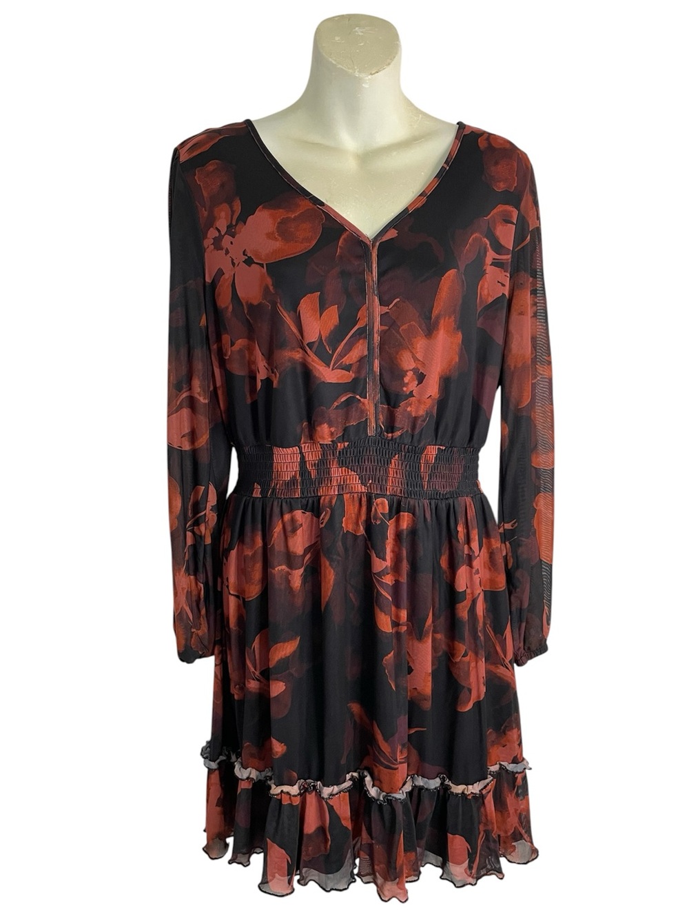 Madison + Hudson Black & Rust Floral V-Neck Long Sleeve Dress Size XL
